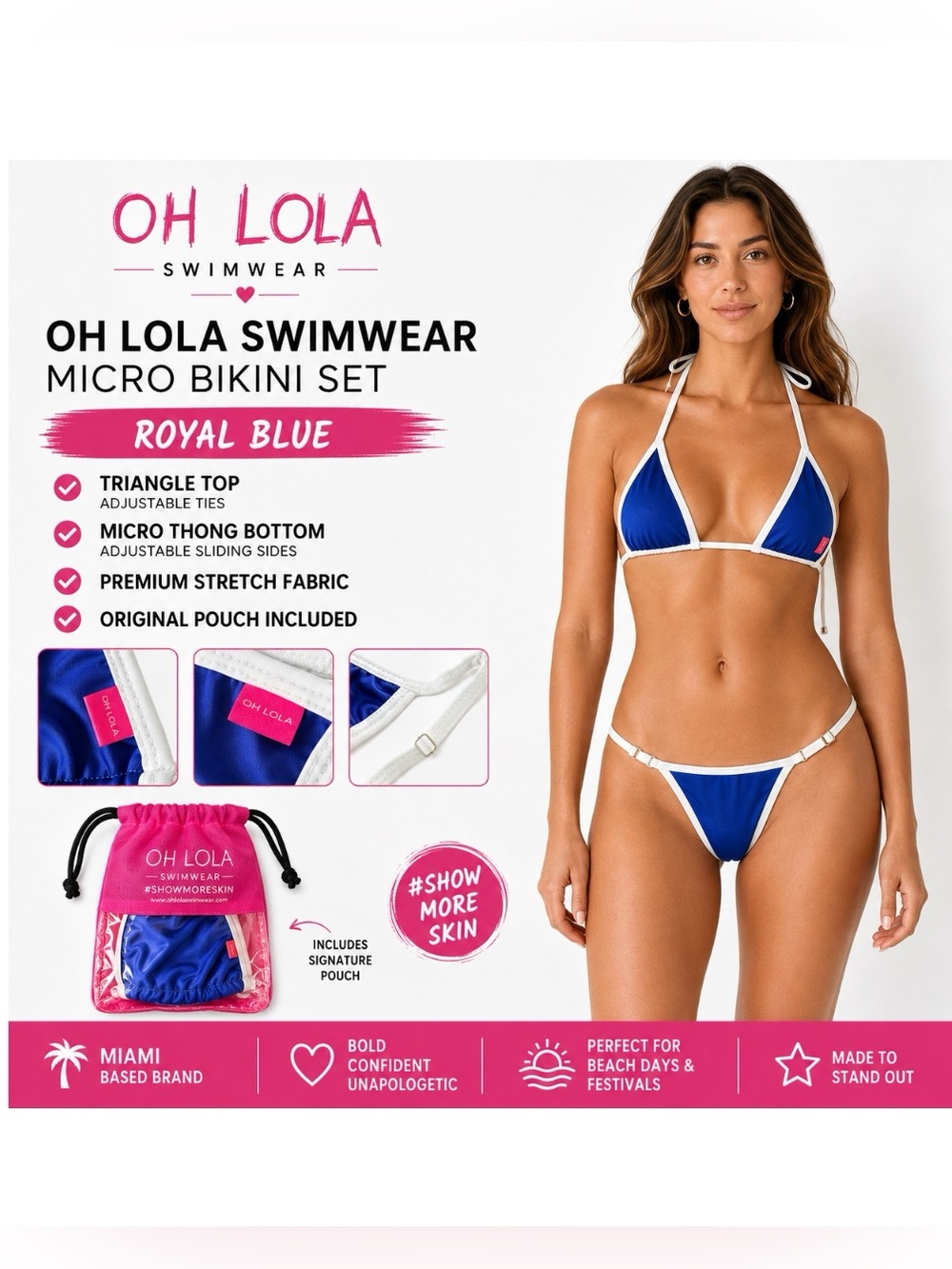 Oh Lola Swimwear Royal Blue & White Micro Bikini Set – Size Small